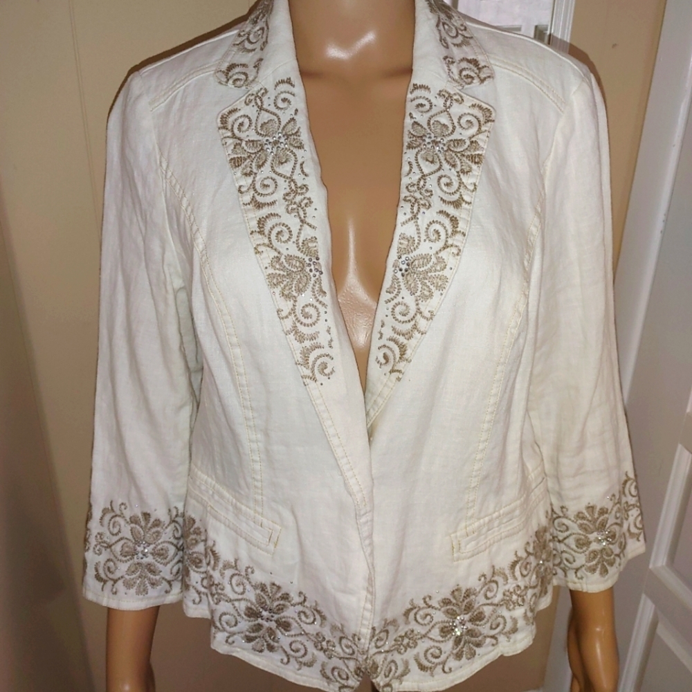 White linen embelished embroidered jacket blazer INC International Concepts PM